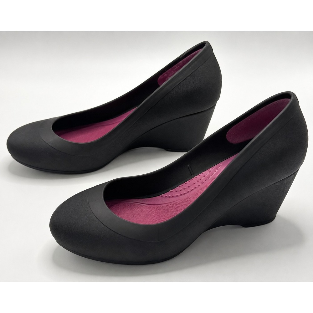 Crocs Lina Wedge Pumps Black Pink Dual Comfort Round Toe Shoes Womens 9